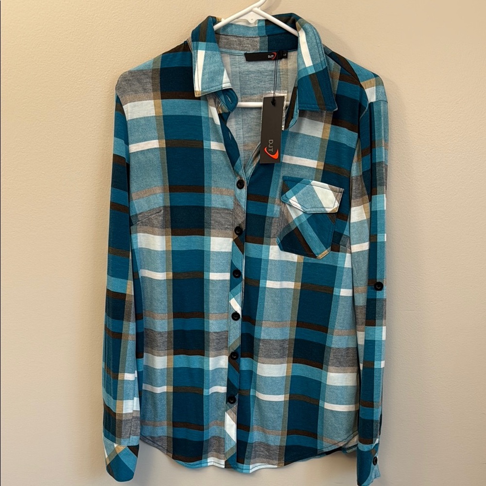 Teal and Brown Plaid Button-Up Shirt